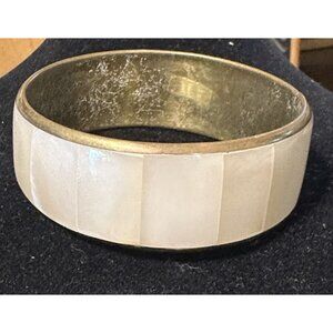 Vintage Brass inlaid mother of pearl Abalone shell bangle bracelet  Chunky Boho